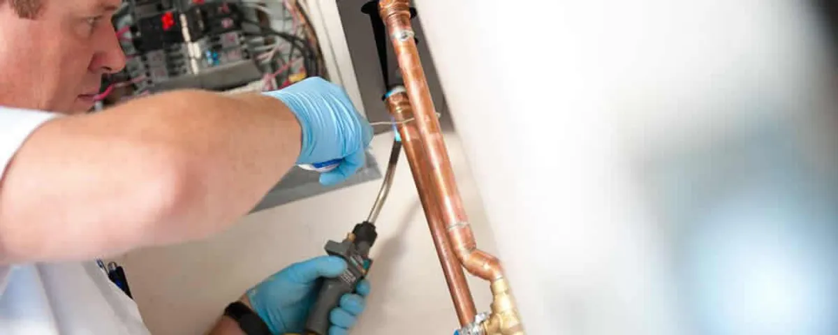 Water heater repair technician testing copper pipe connections and controls in Virginia Beach, VA